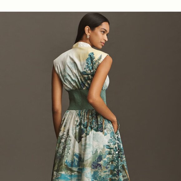 New Anthropologie The Tommie Cap-Sleeve Smocked Front-Zip Midi Shirt Dress - Picture 5 of 5